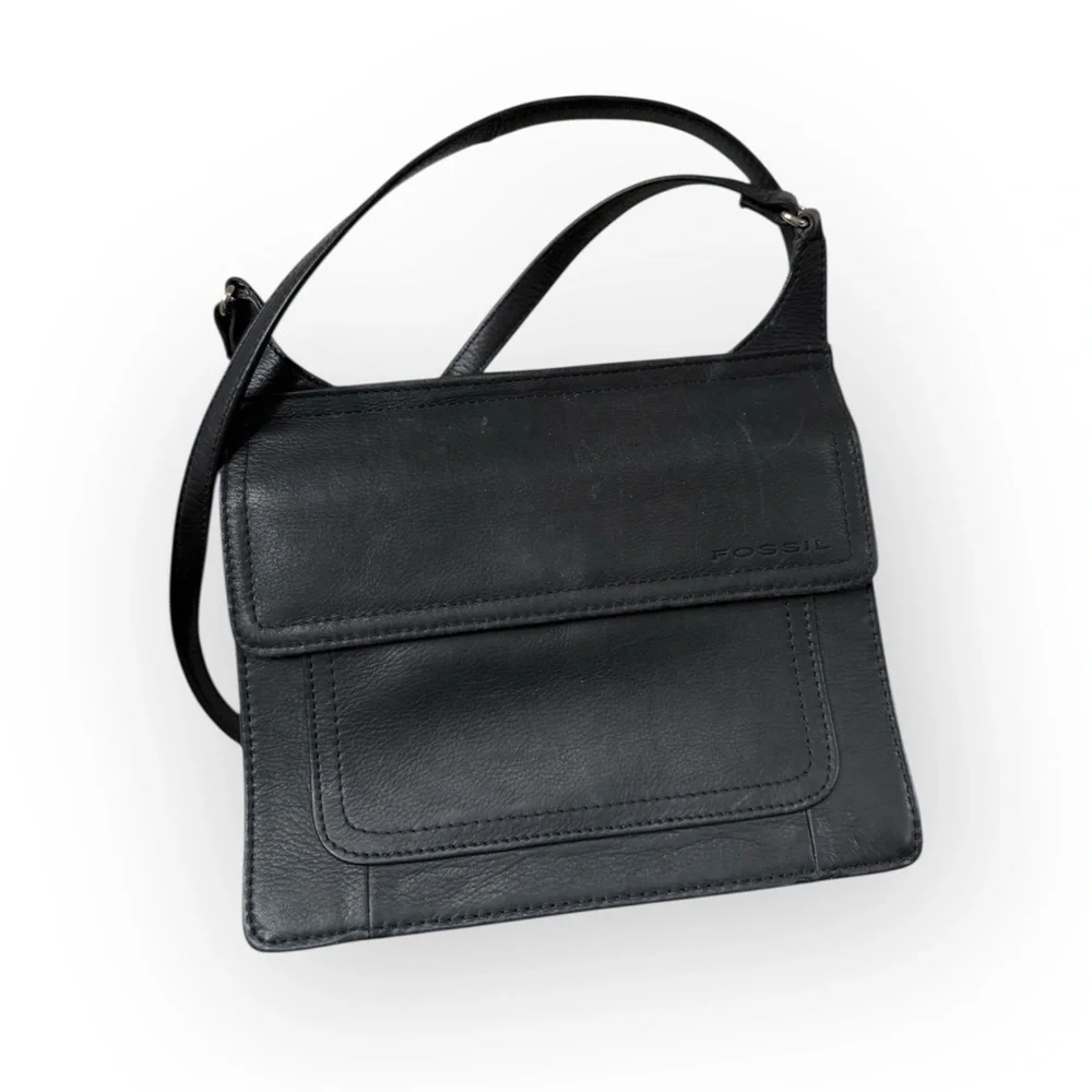 Vintage fossil Black Leather double sided crossbody Shoulder Bag - Picture 1 of 7